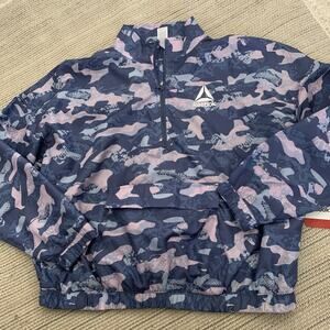 REEBOK Pullover Womens Large Windbreaker Pink Blue Indigo Printed Quarter Zip